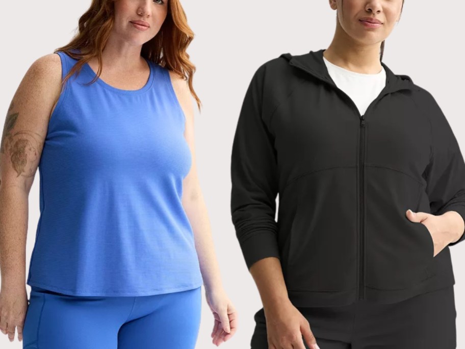 woman wearing a blue tank top and leggings and woman wearing a black hoodie and white tee with black joggers
