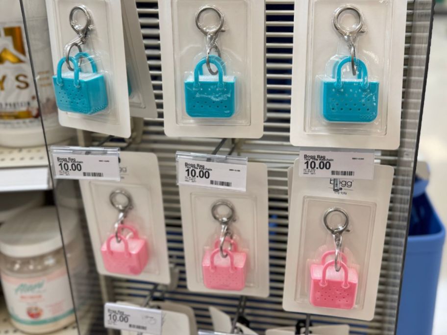 Pink and Blue Bogg Bag Keychains on the end cap at Target