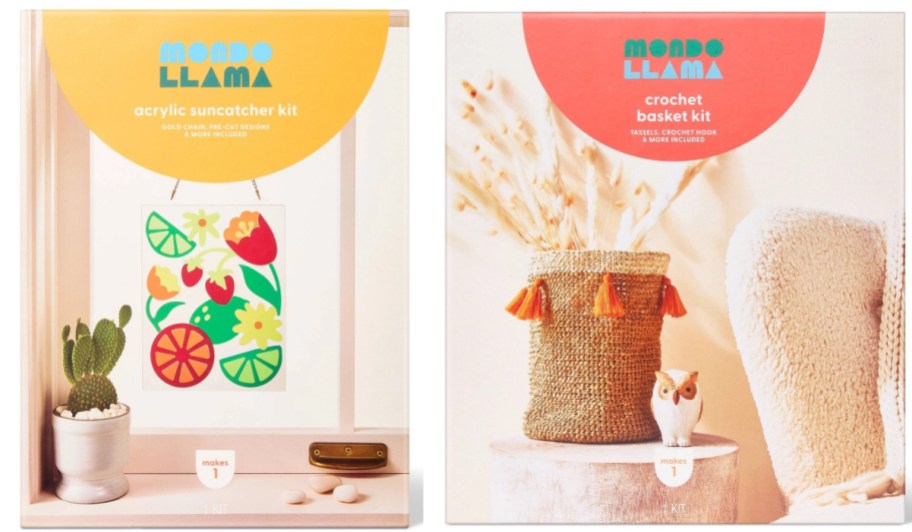 two mondo llama kits box showing a window design and a crochet basket kit