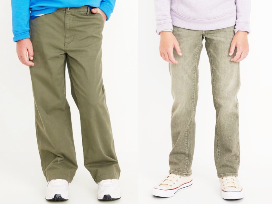 two boys in green cargo pants and jeans