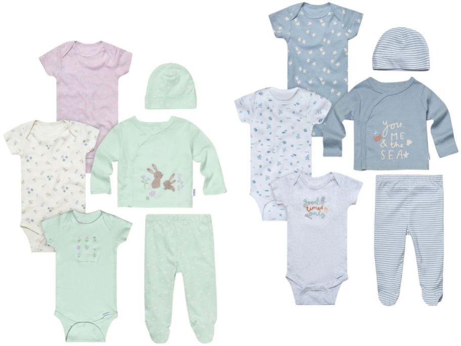 Stock images of two Gerber 6-Piece Baby Clothing Gift Sets