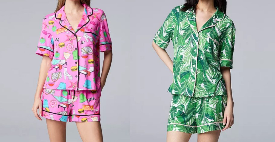 women in pink food print and green leaf print pajama sets
