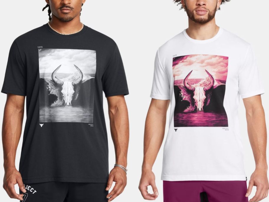 Stock images of two men wearing Under Armour Project Rock Brahma Bull Tee in black and white