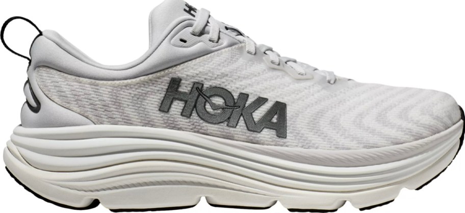 gray and white hoka shoe